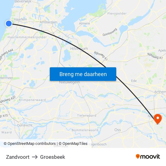 Zandvoort to Groesbeek map