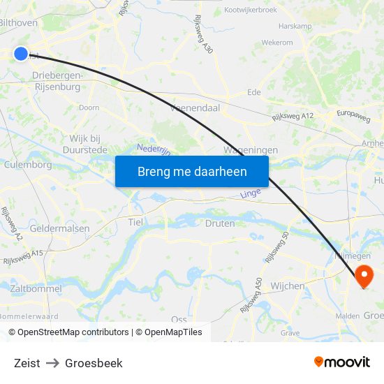 Zeist to Groesbeek map