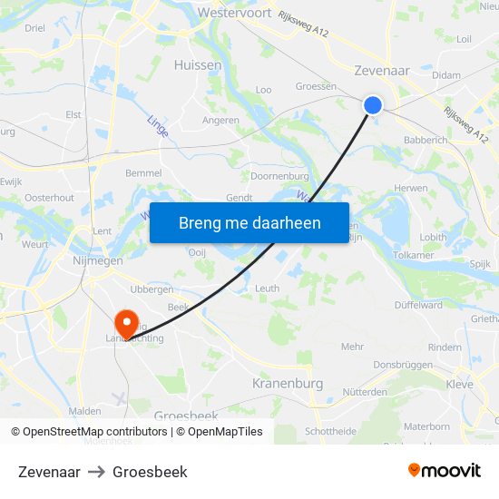 Zevenaar to Groesbeek map