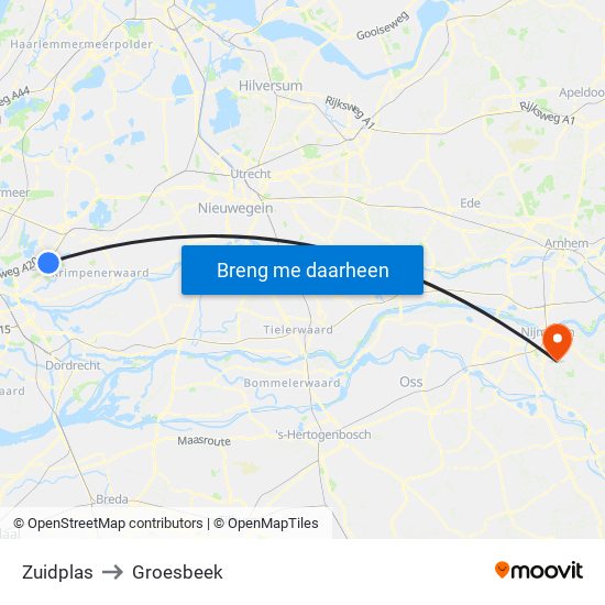 Zuidplas to Groesbeek map