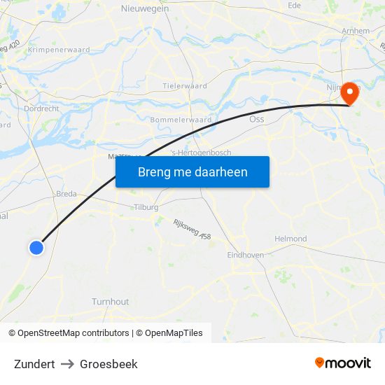 Zundert to Groesbeek map
