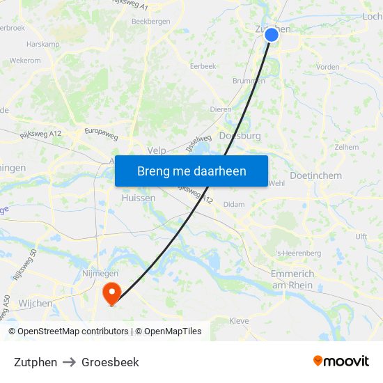 Zutphen to Groesbeek map