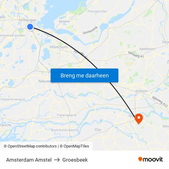 Amsterdam Amstel to Groesbeek map