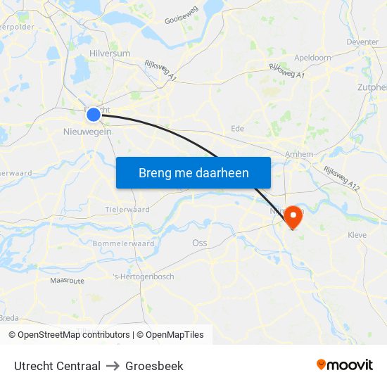 Utrecht Centraal to Groesbeek map