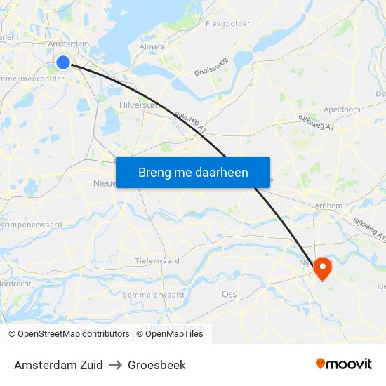 Amsterdam Zuid to Groesbeek map