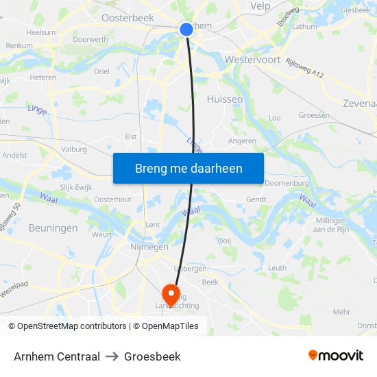 Arnhem Centraal to Groesbeek map