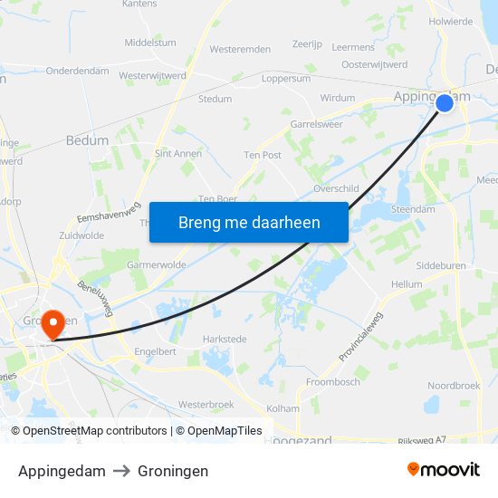 Appingedam to Groningen map