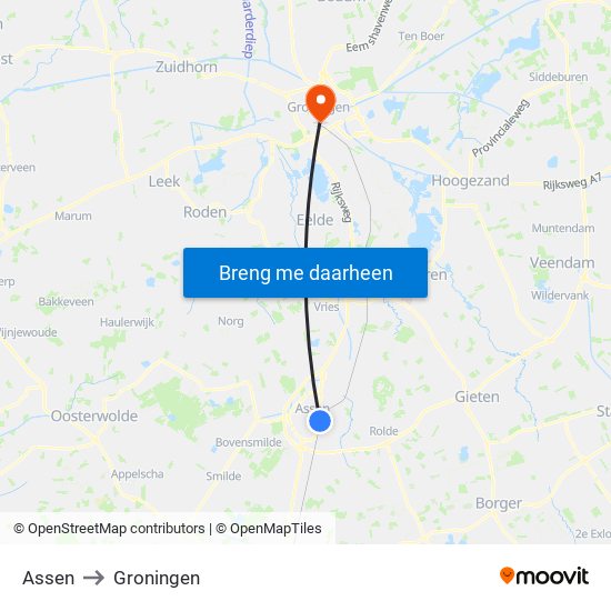 Assen to Groningen map