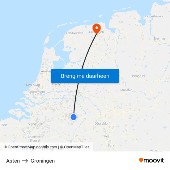 Asten to Groningen map