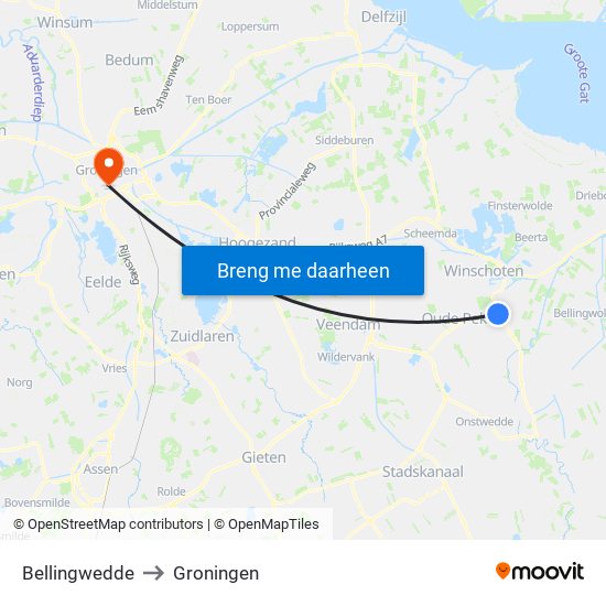 Bellingwedde to Groningen map