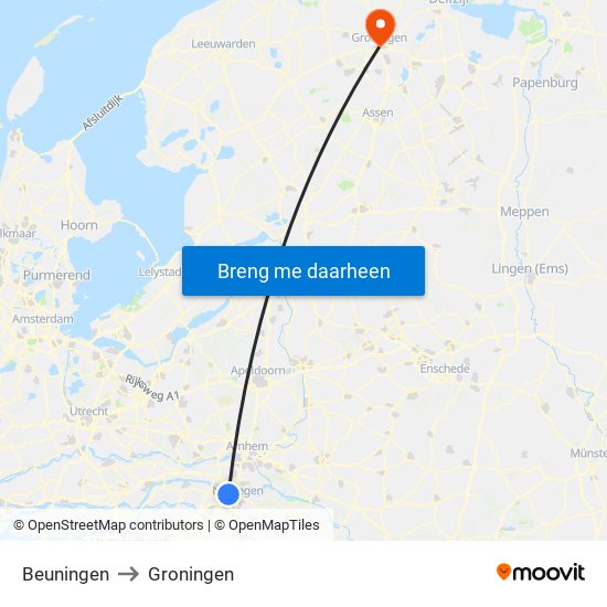 Beuningen to Groningen map