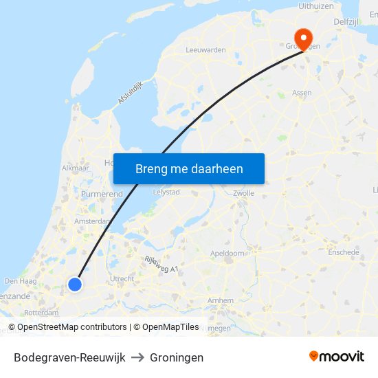 Bodegraven-Reeuwijk to Groningen map