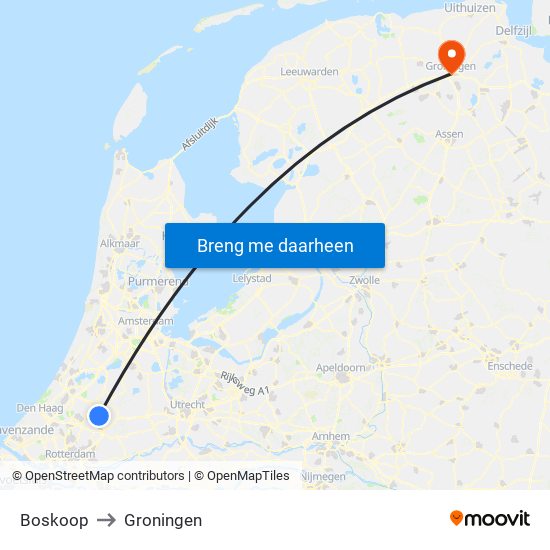 Boskoop to Groningen map
