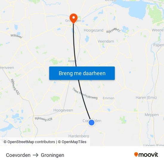 Coevorden to Groningen map