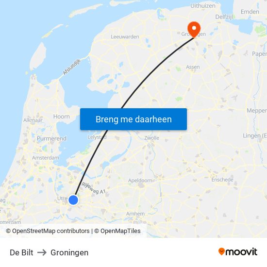 De Bilt to Groningen map