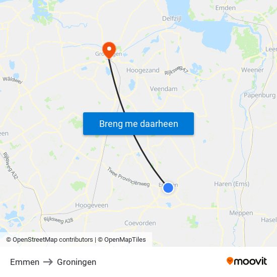 Emmen to Groningen map