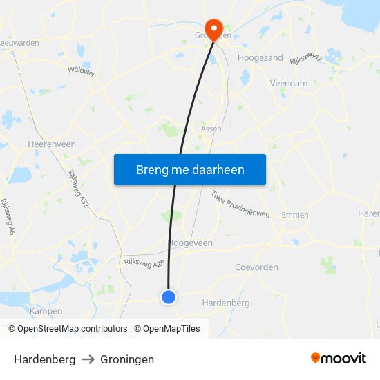 Hardenberg to Groningen map