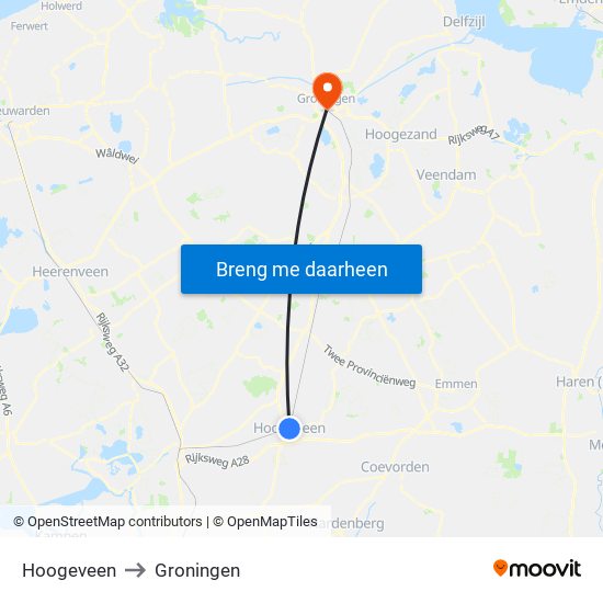 Hoogeveen to Groningen map