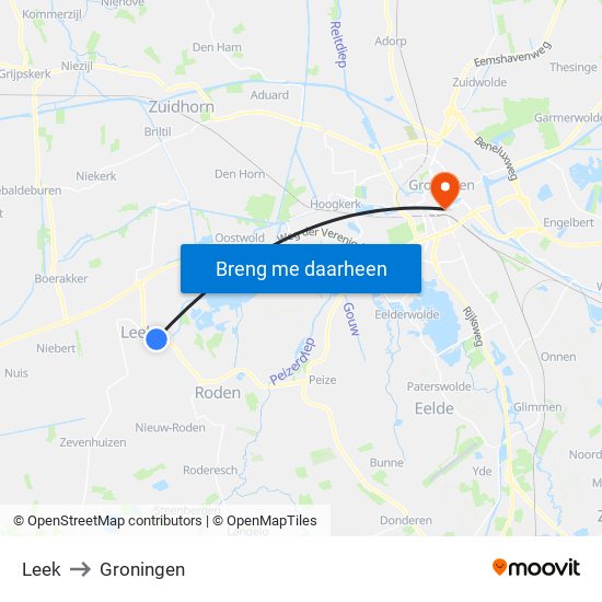 Leek to Groningen map