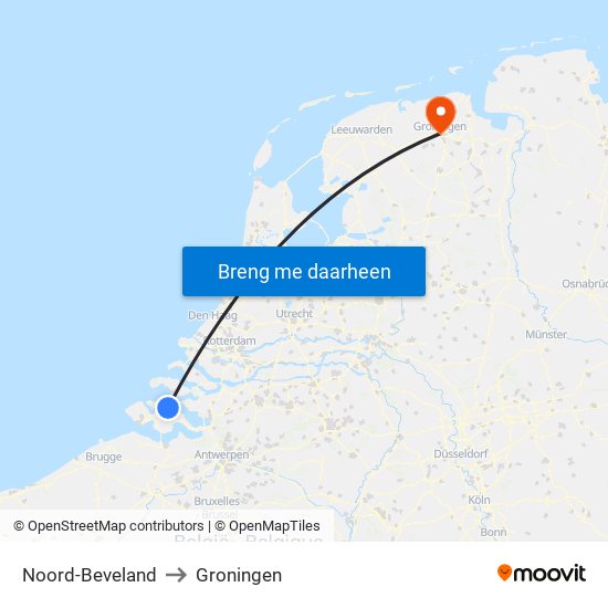 Noord-Beveland to Groningen map