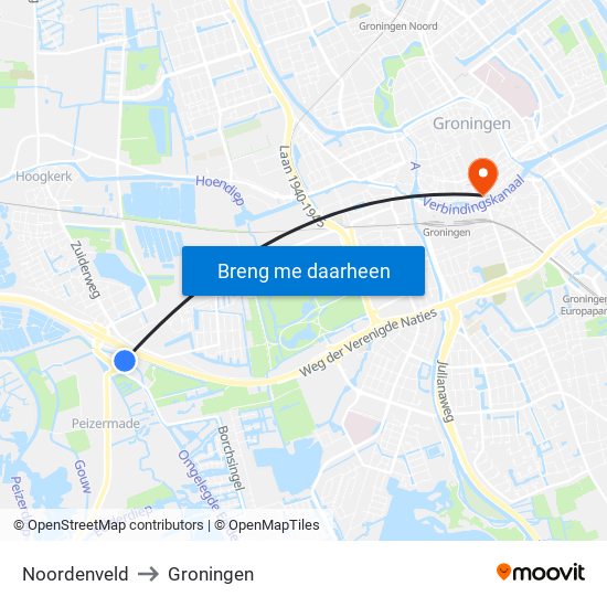 Noordenveld to Groningen map