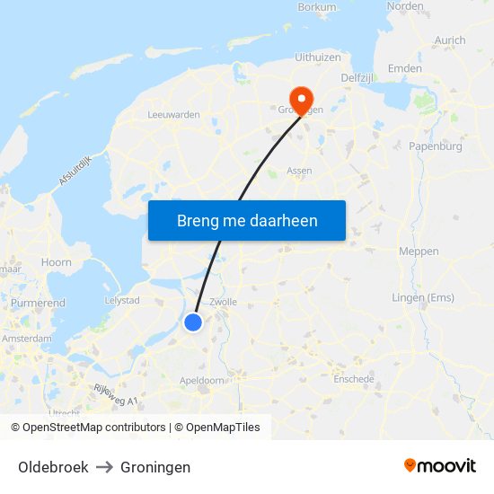 Oldebroek to Groningen map