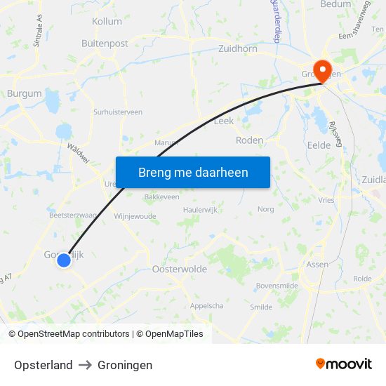 Opsterland to Groningen map