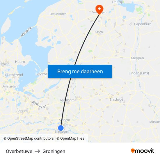 Overbetuwe to Groningen map