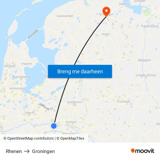 Rhenen to Groningen map