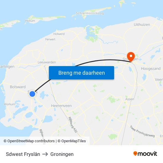 Sdwest Fryslân to Groningen map