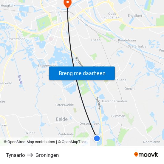 Tynaarlo to Groningen map