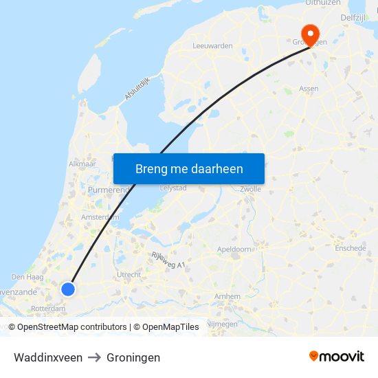 Waddinxveen to Groningen map