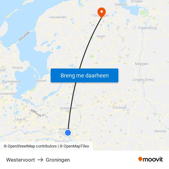 Westervoort to Groningen map