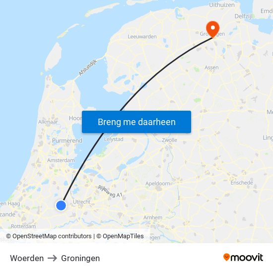 Woerden to Groningen map