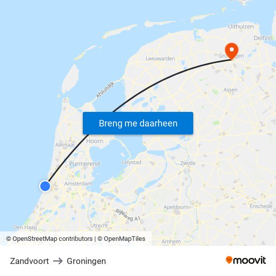 Zandvoort to Groningen map