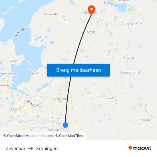 Zevenaar to Groningen map