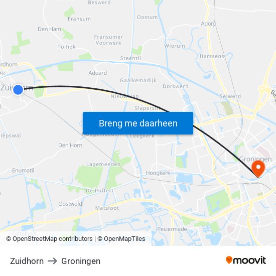 Zuidhorn to Groningen map