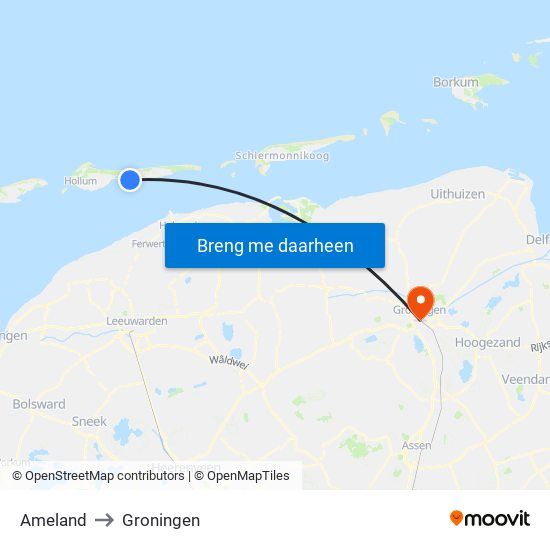Ameland to Groningen map