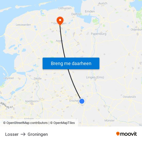 Losser to Groningen map