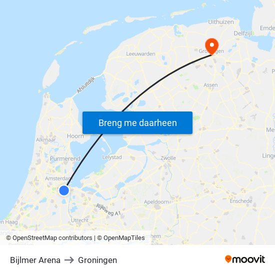 Bijlmer Arena to Groningen map