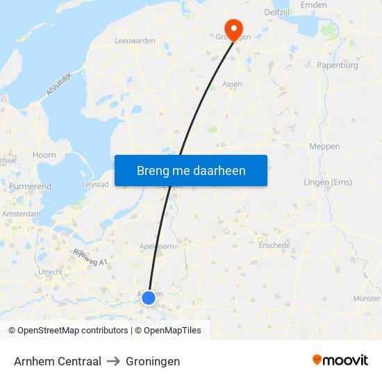 Arnhem Centraal to Groningen map