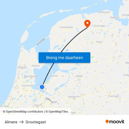 Almere to Grootegast map