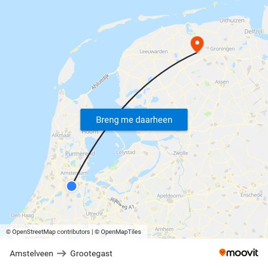 Amstelveen to Grootegast map