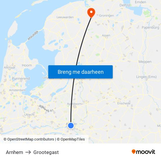 Arnhem to Grootegast map