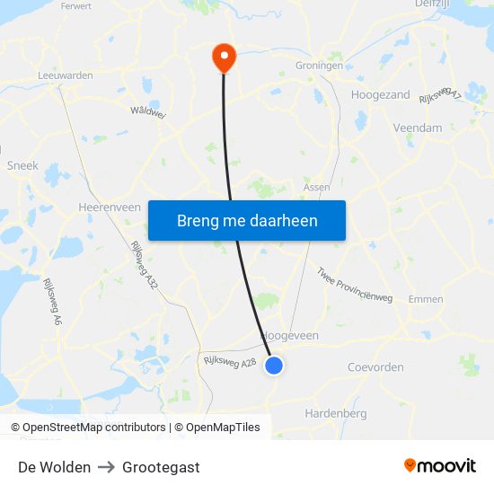 De Wolden to Grootegast map