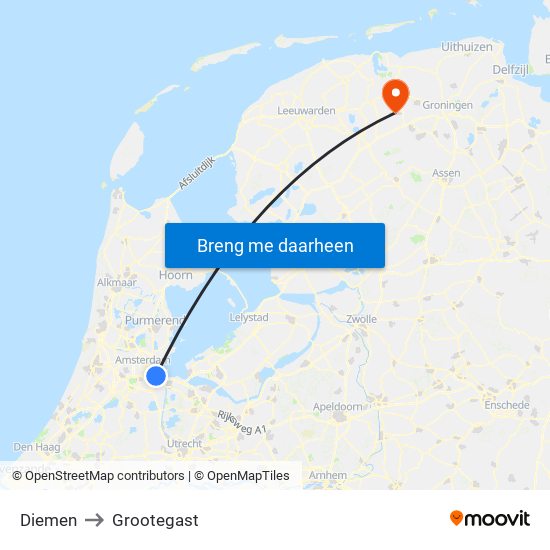 Diemen to Grootegast map