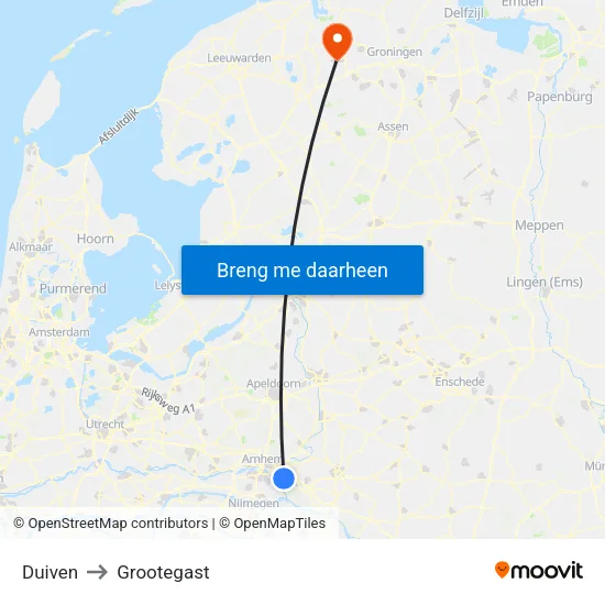 Duiven to Grootegast map