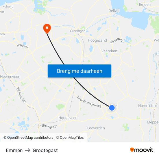 Emmen to Grootegast map
