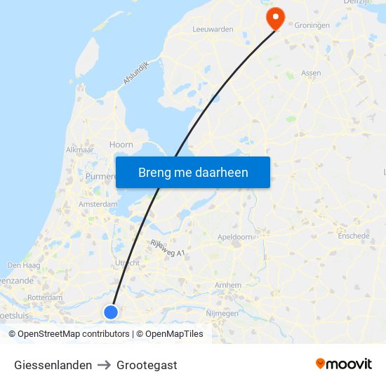 Giessenlanden to Grootegast map