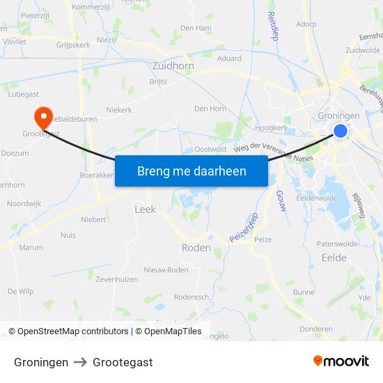 Groningen to Grootegast map